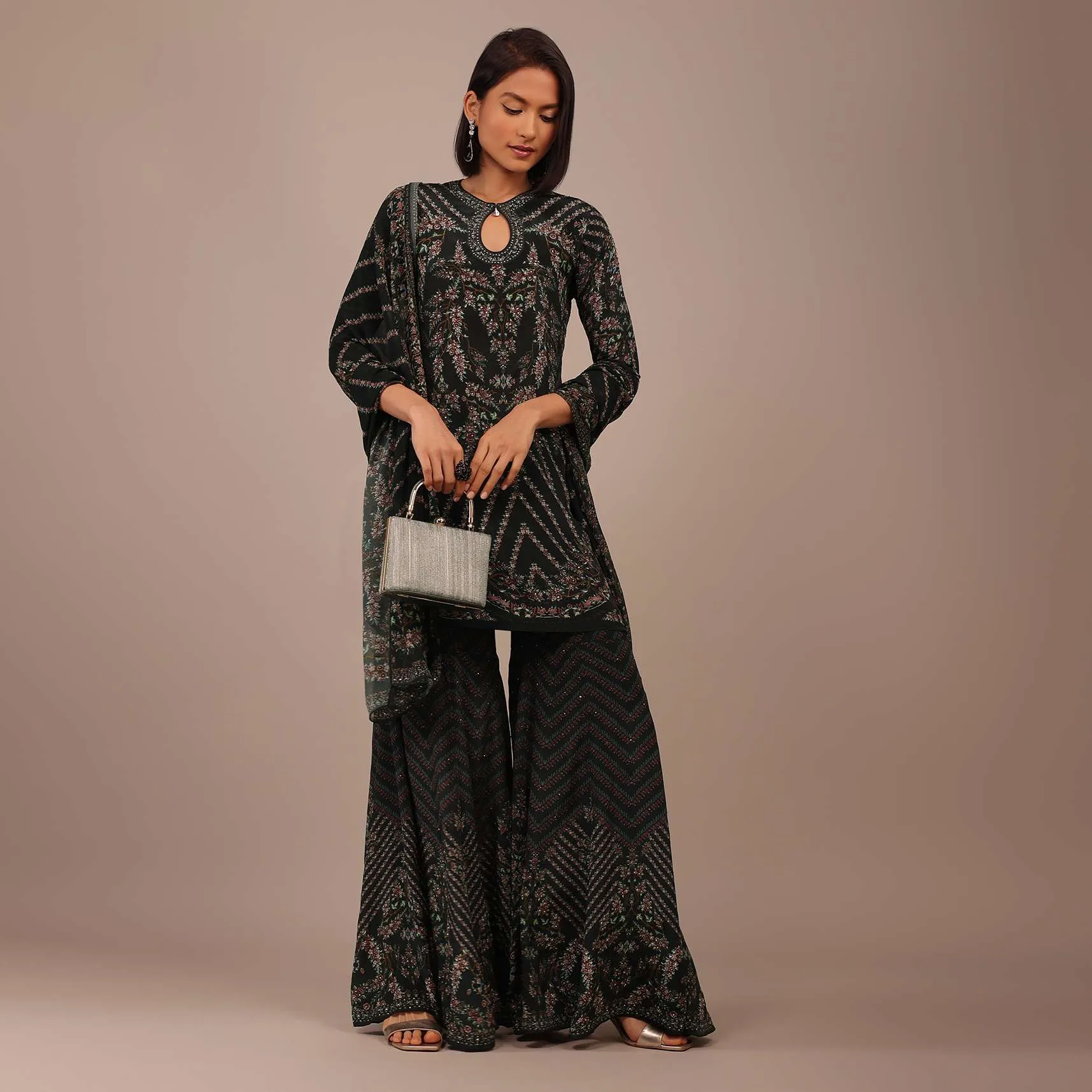 Black Printed Sharara Suit With Stone Work In Crepe