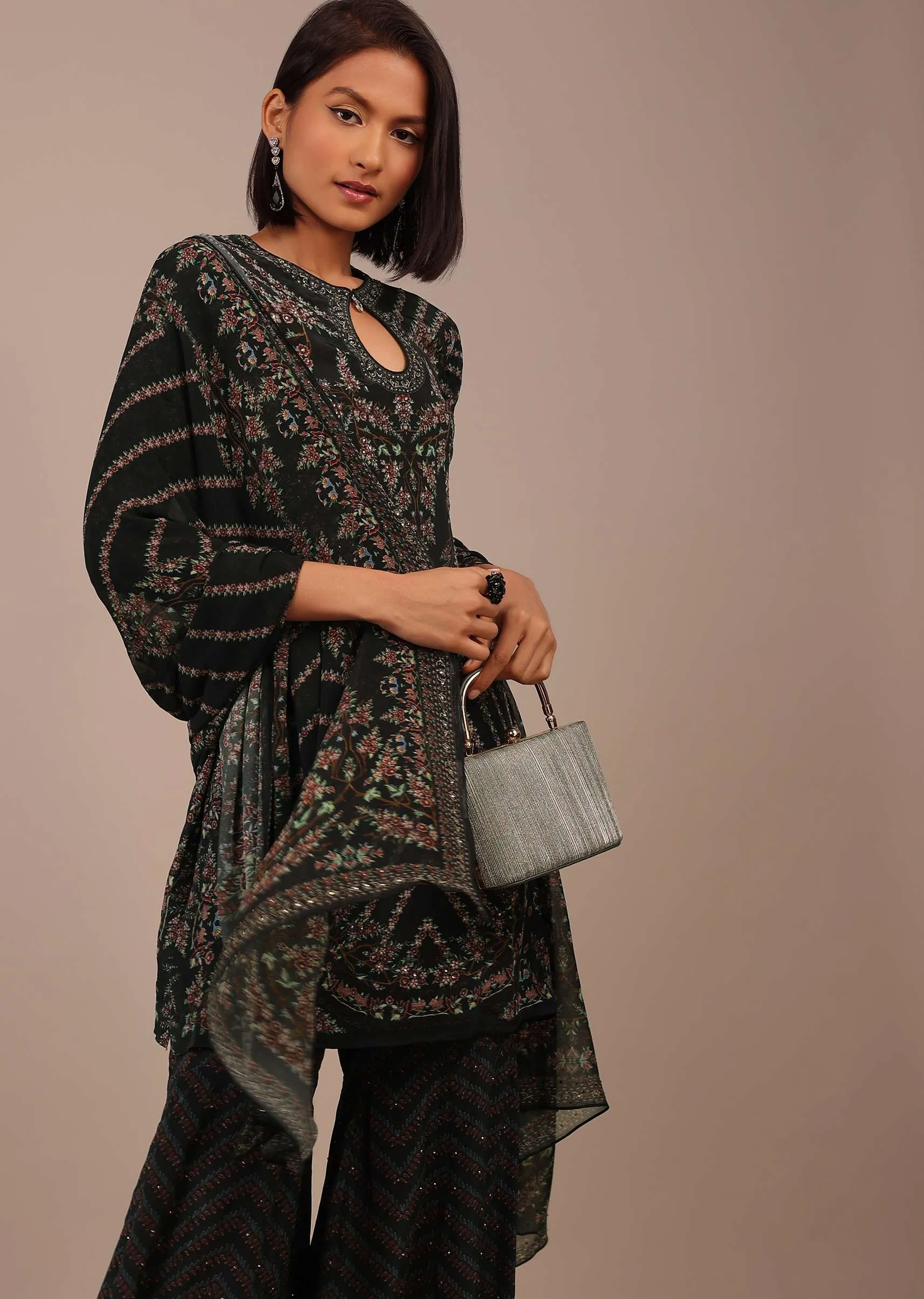 Black Printed Sharara Suit With Stone Work In Crepe