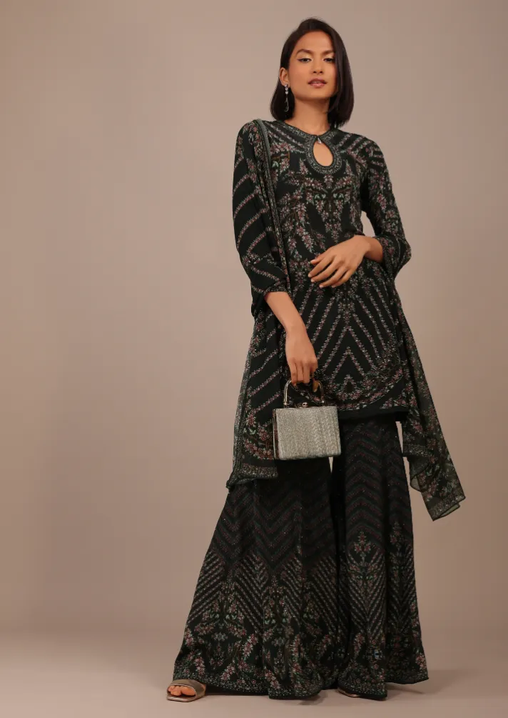 Black Printed Sharara Suit With Stone Work In Crepe
