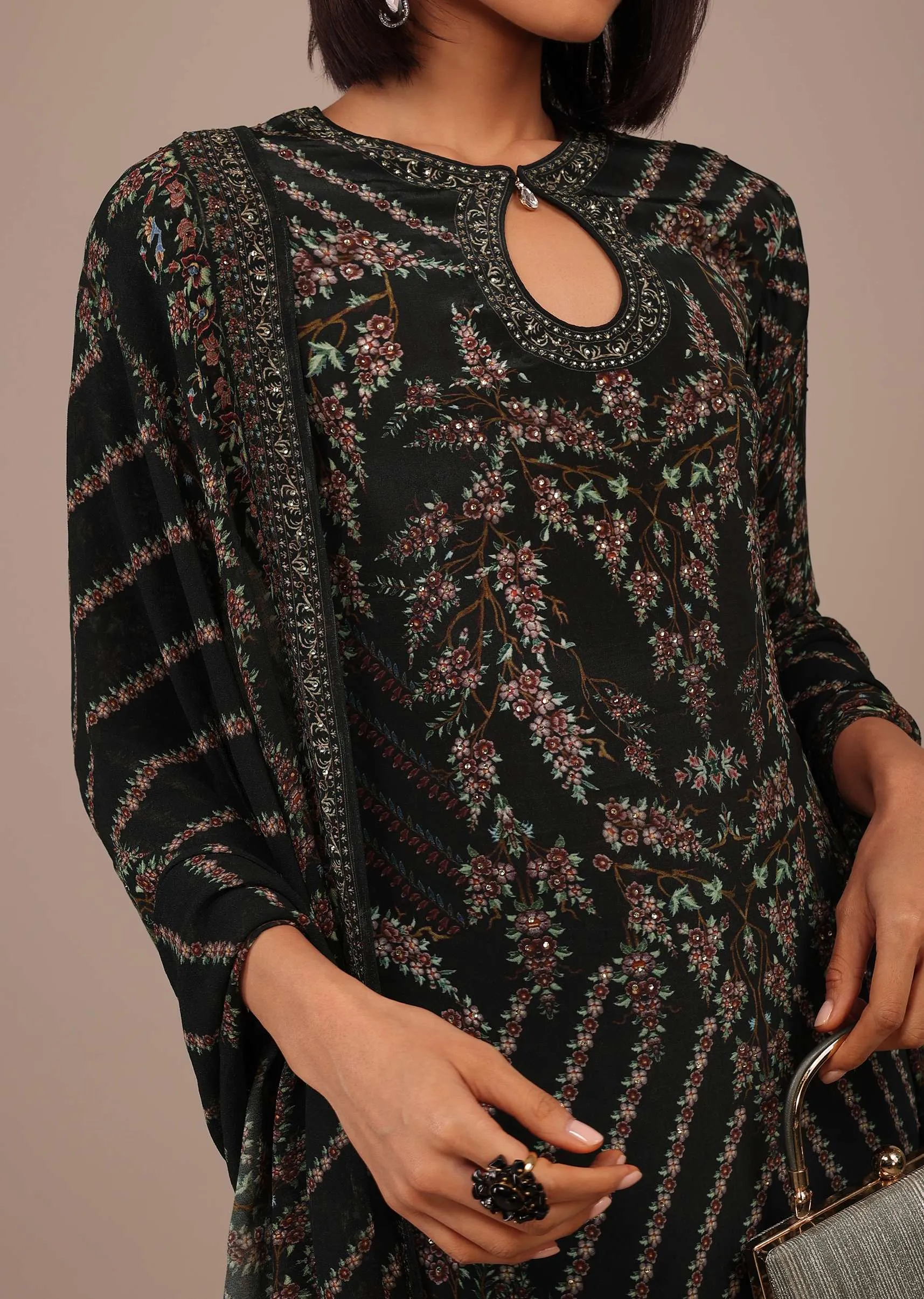 Black Printed Sharara Suit With Stone Work In Crepe