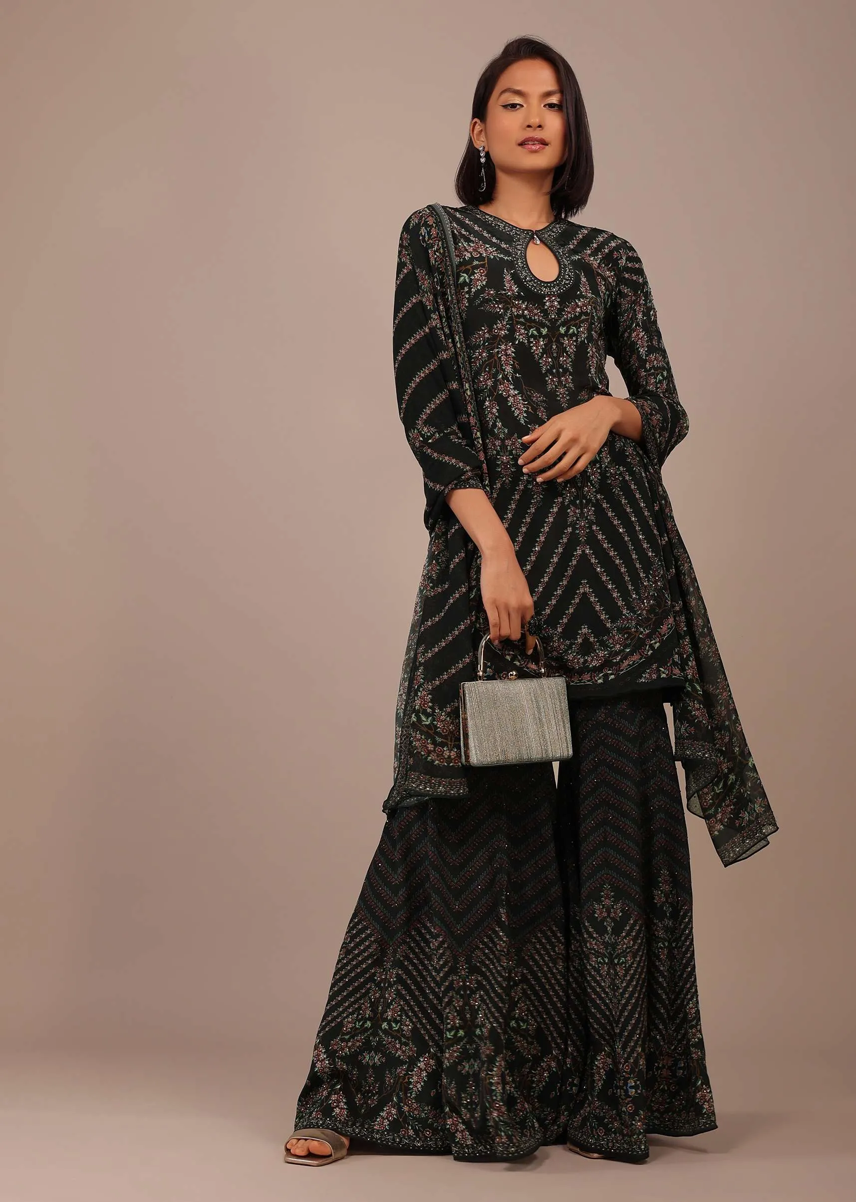 Black Printed Sharara Suit With Stone Work In Crepe