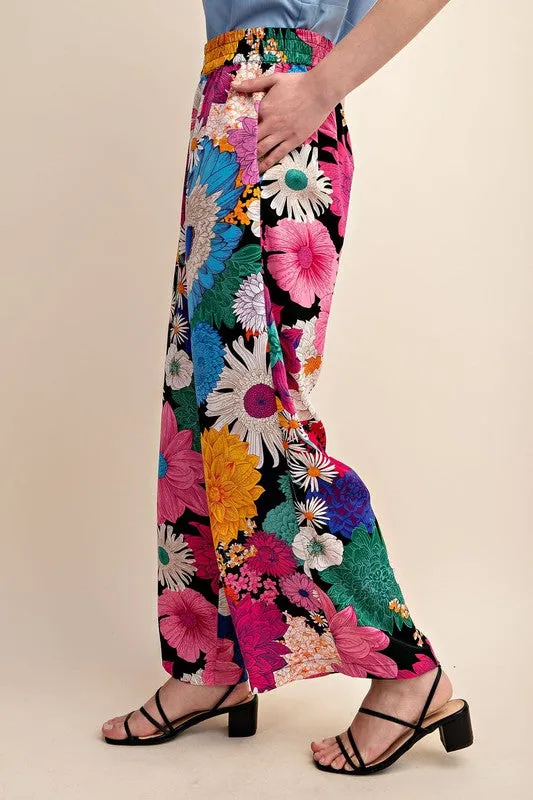 Black Vibrant Floral Print Elastic Waist Pants