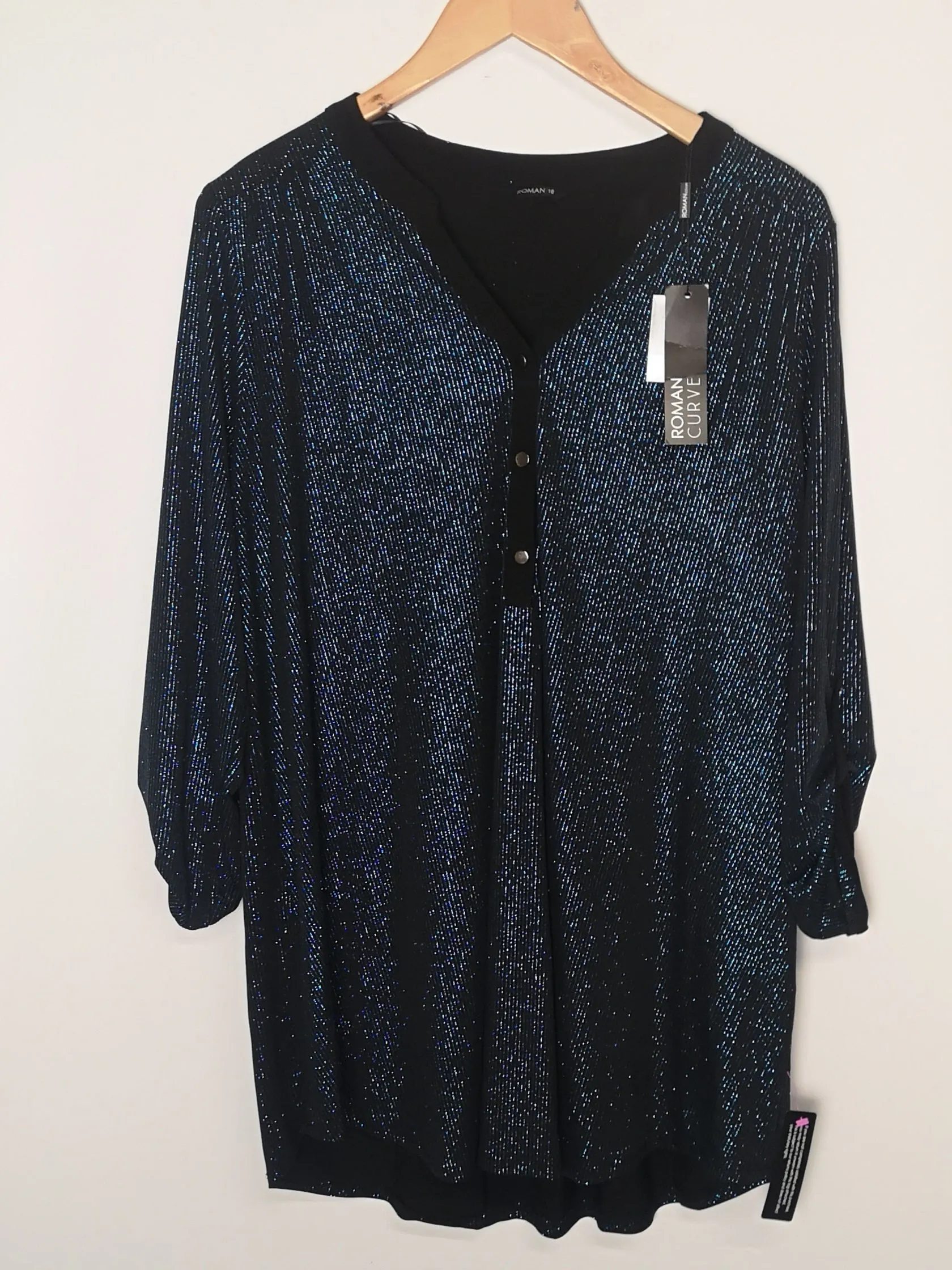 BNWT Roman Curve Black & Blue Glitter Stripe Dress Size 18