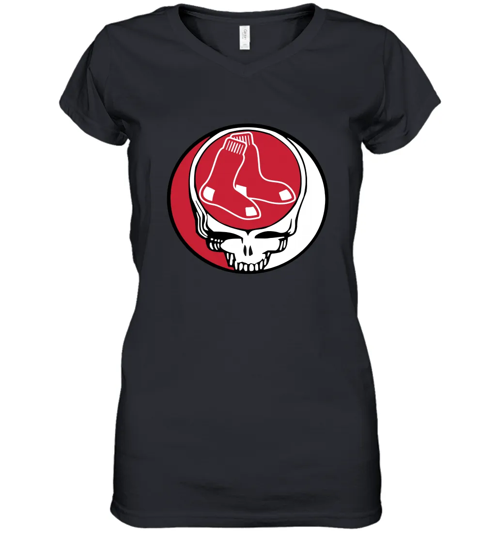 Boston Red Sox Grateful Dead Steal Your Face Baseball Womens V-Neck T-Shirt