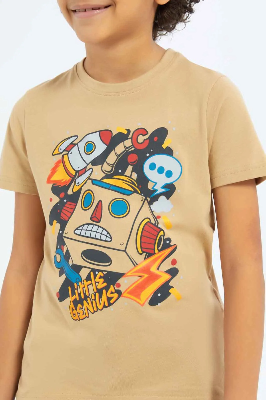 Boys Beige Robot Print T-Shirt
