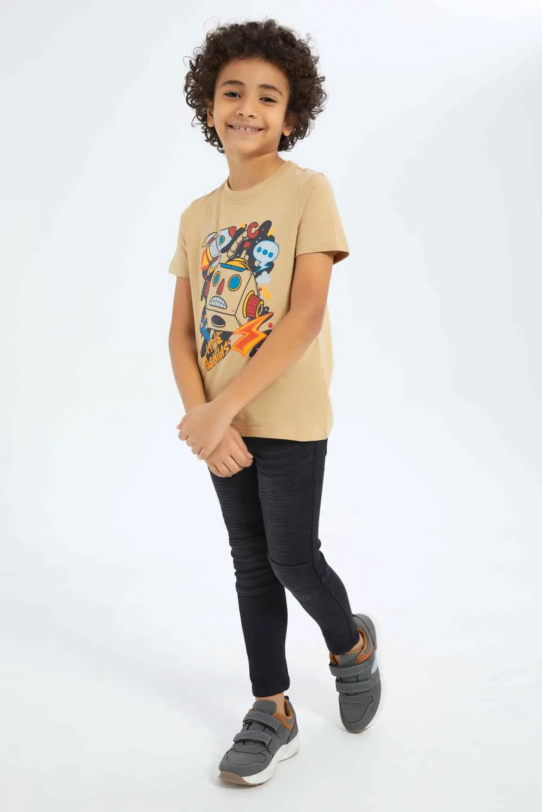 Boys Beige Robot Print T-Shirt