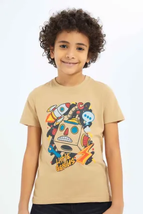 Boys Beige Robot Print T-Shirt