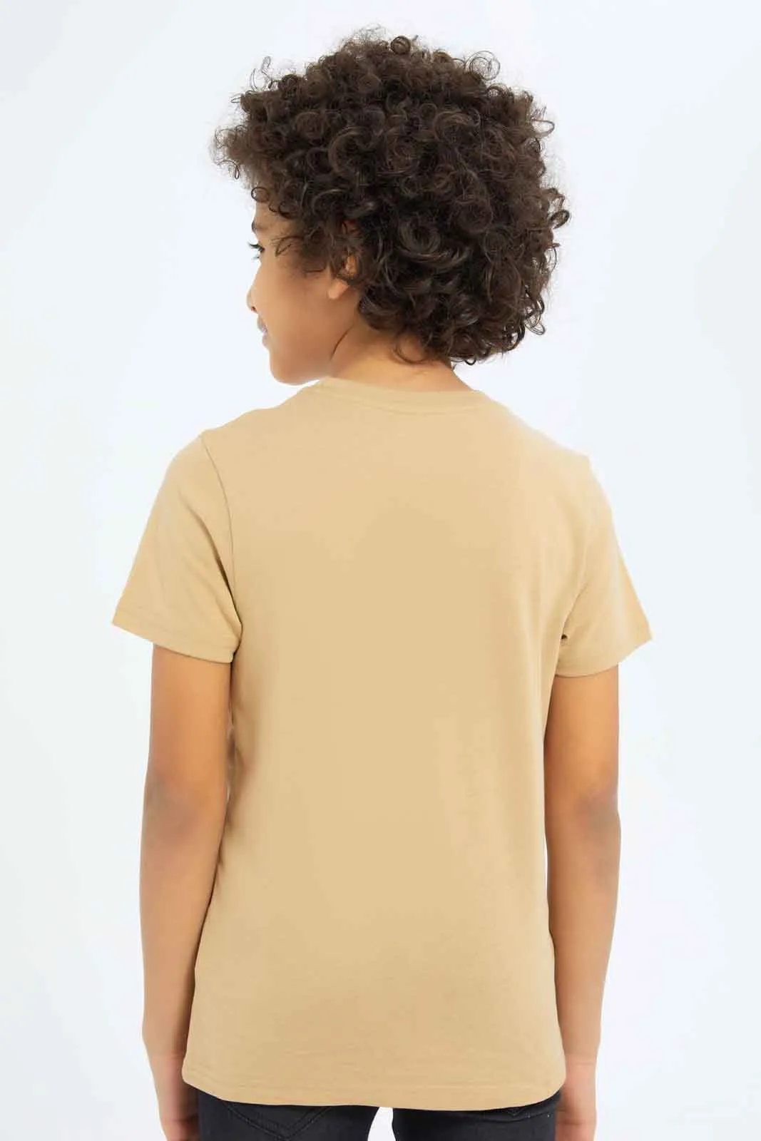 Boys Beige Robot Print T-Shirt