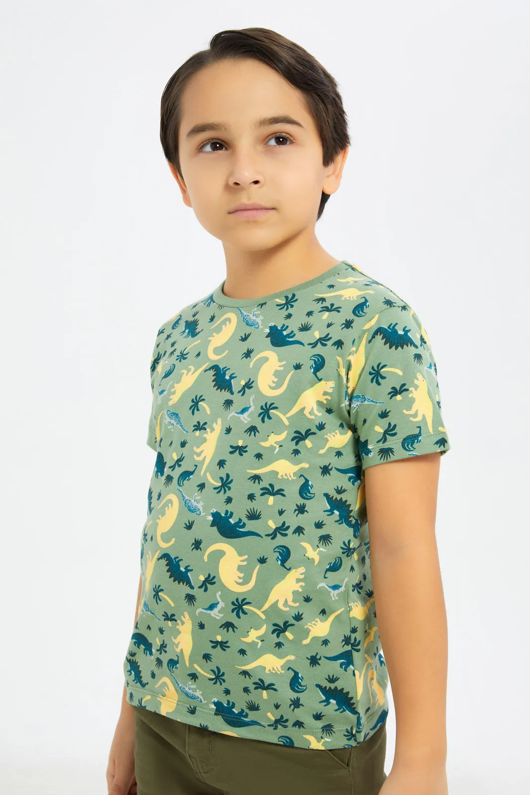 Boys Green Dino Printed T-Shirt
