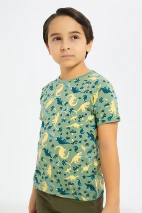 Boys Green Dino Printed T-Shirt