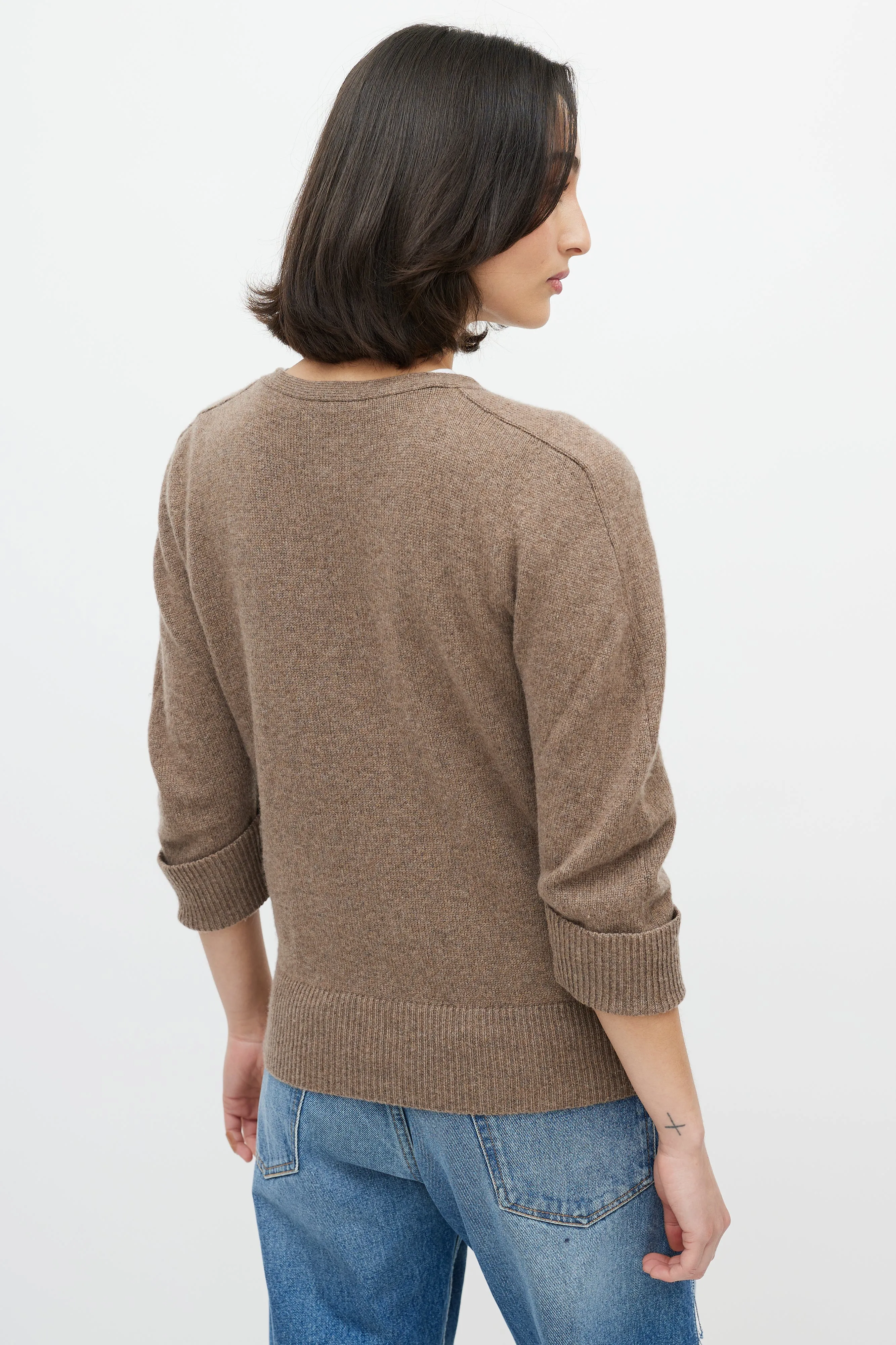 Brown Cashmere Three Quarter Sleeve Cardigan