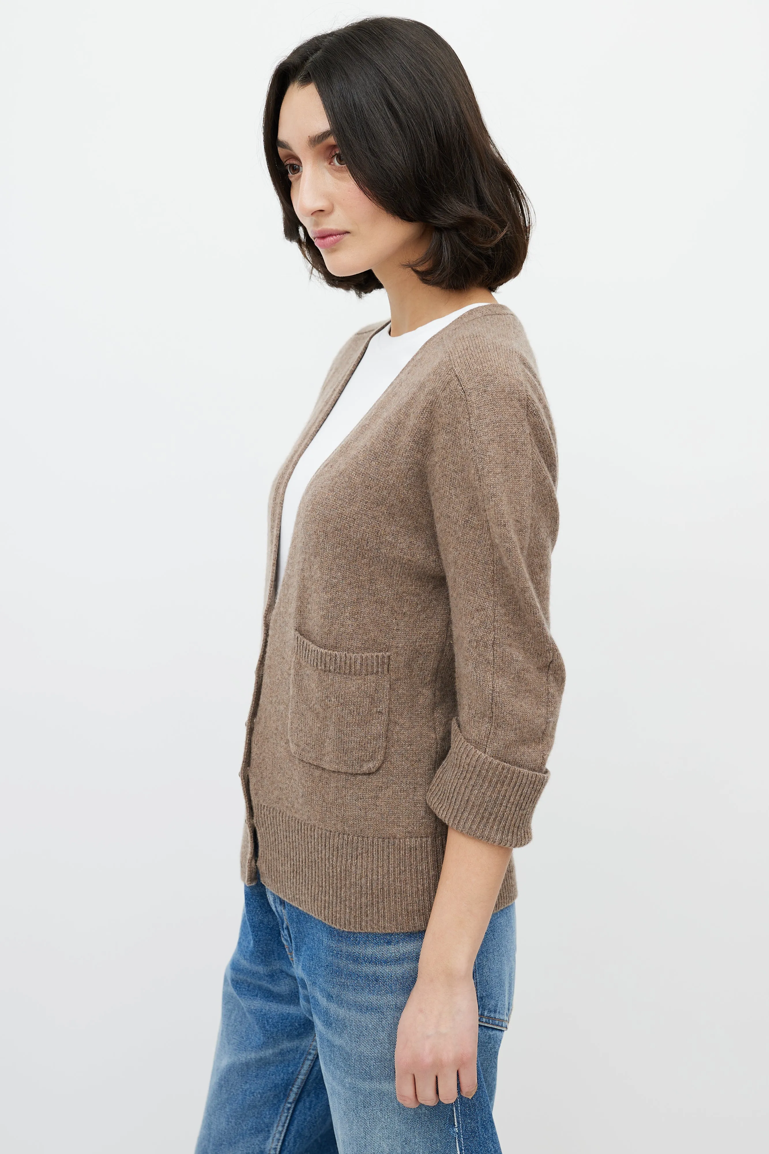 Brown Cashmere Three Quarter Sleeve Cardigan