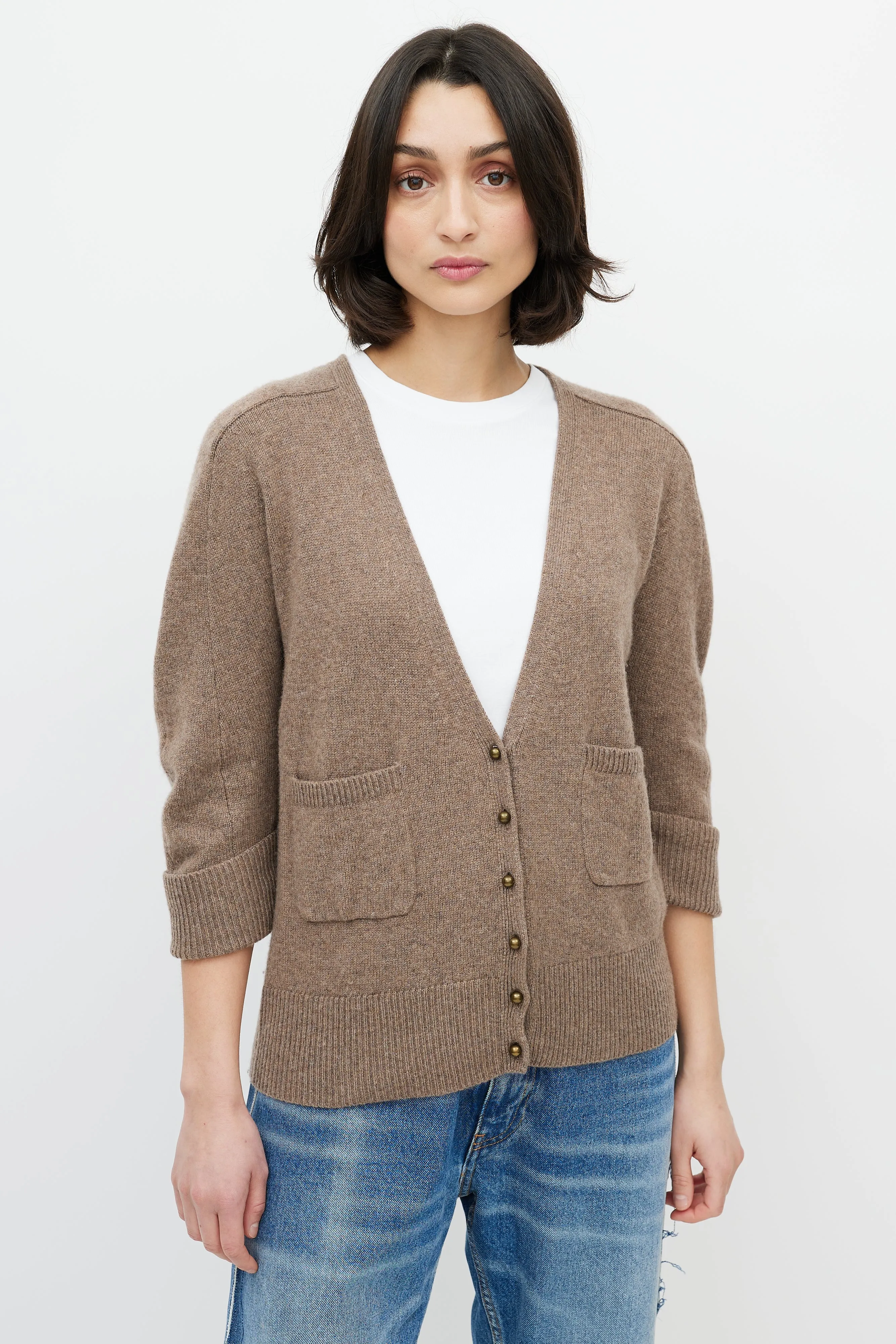 Brown Cashmere Three Quarter Sleeve Cardigan