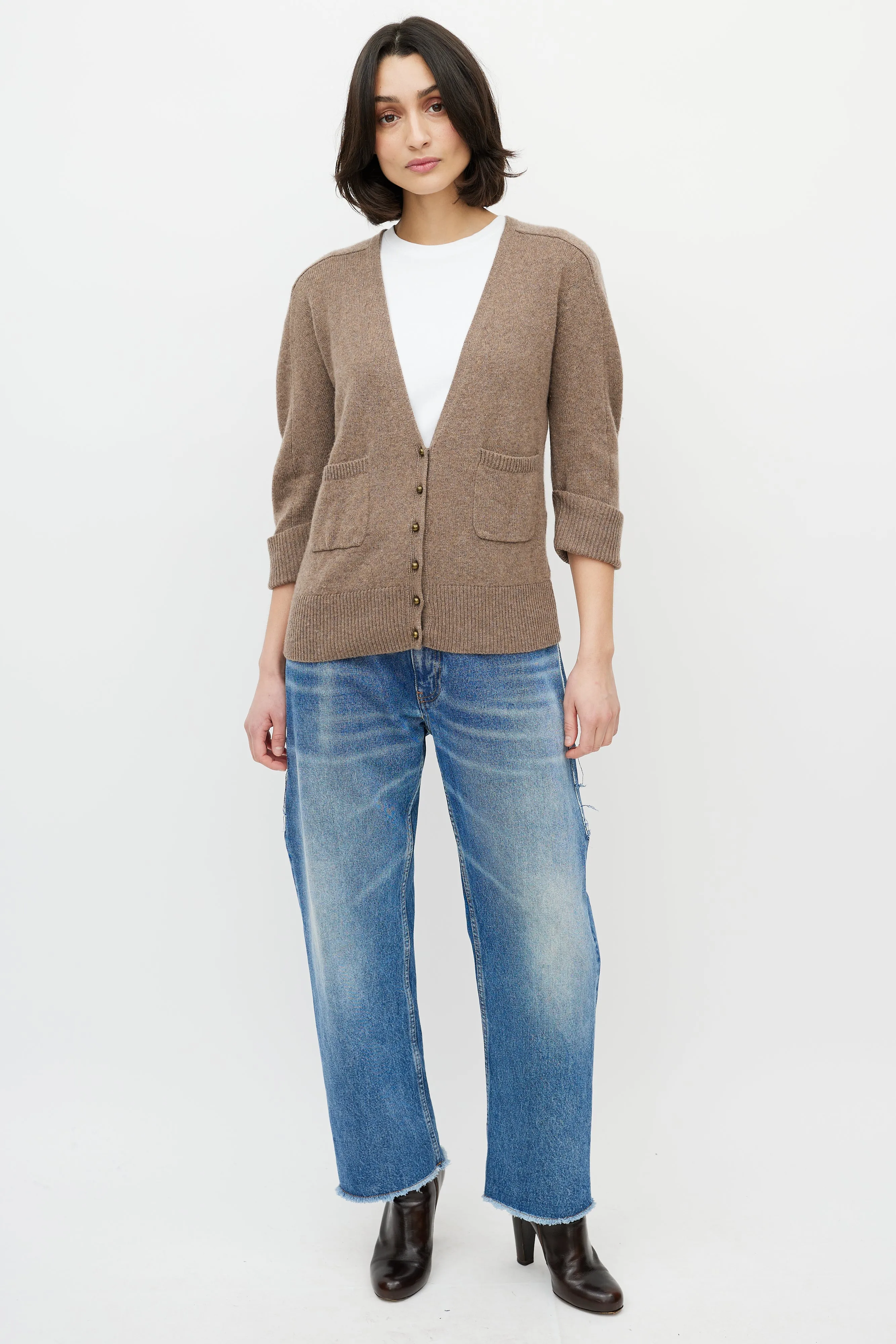 Brown Cashmere Three Quarter Sleeve Cardigan