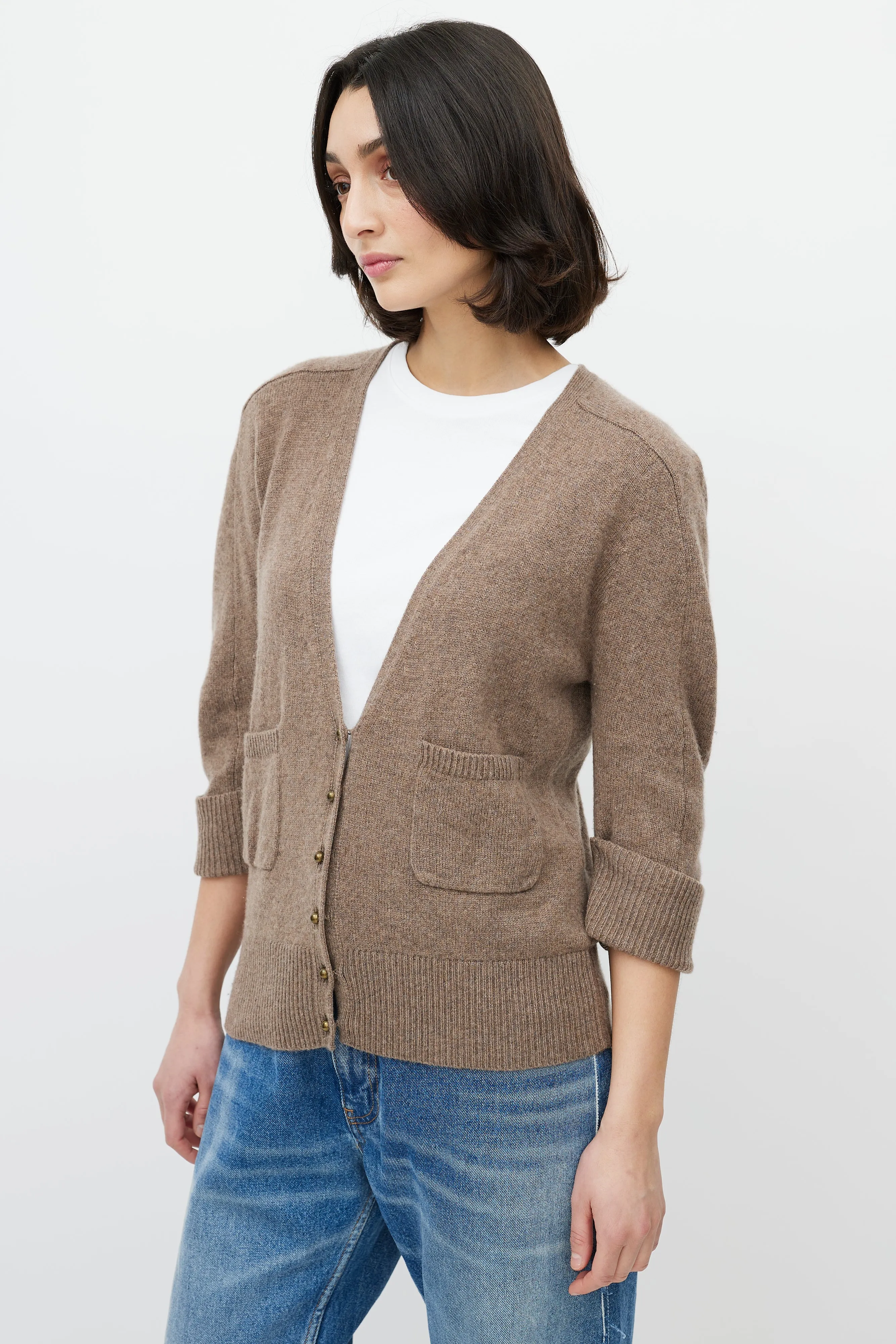 Brown Cashmere Three Quarter Sleeve Cardigan