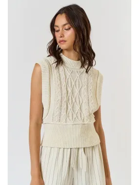 High Neck Sleeveless Cable Knit Sweater