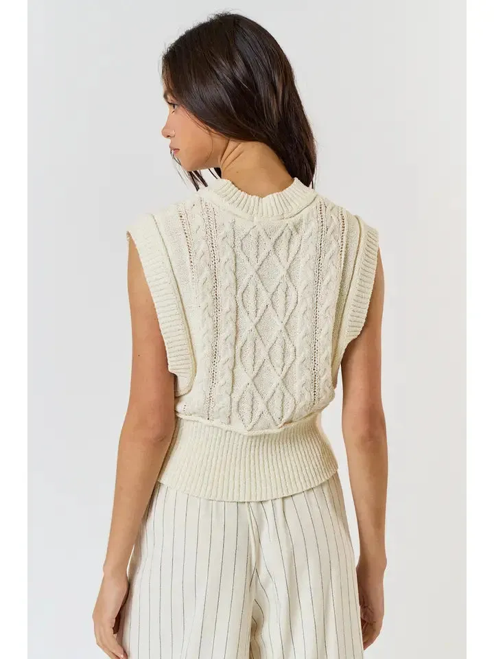 High Neck Sleeveless Cable Knit Sweater