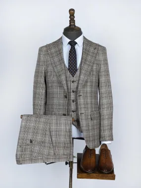 Checked Brown Pure Linen Men Summer Suit
