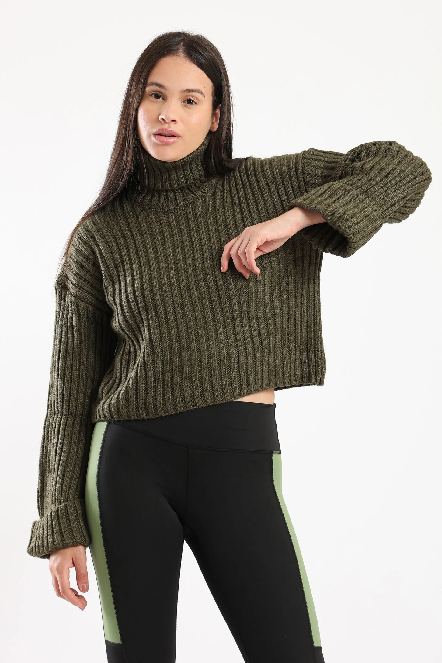 CHUNKY HIGH NECK SWEATER - OLIVE