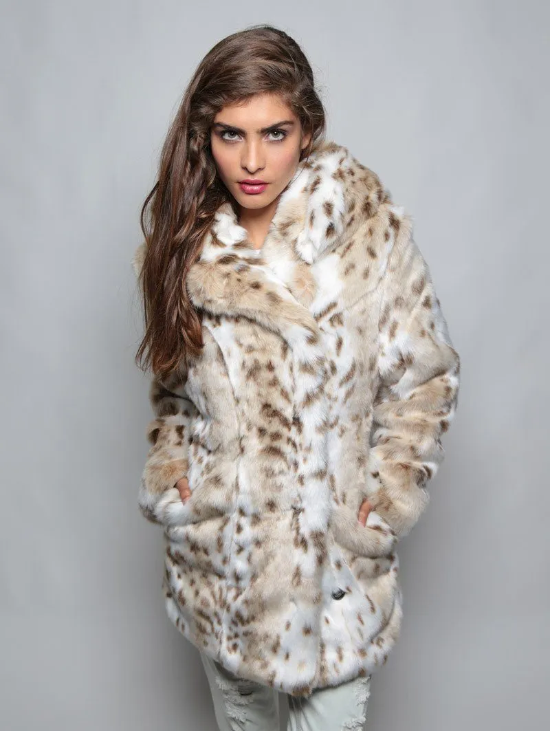 Elegant Classic Faux Fur Coat in Siberian Snow Leopard Print