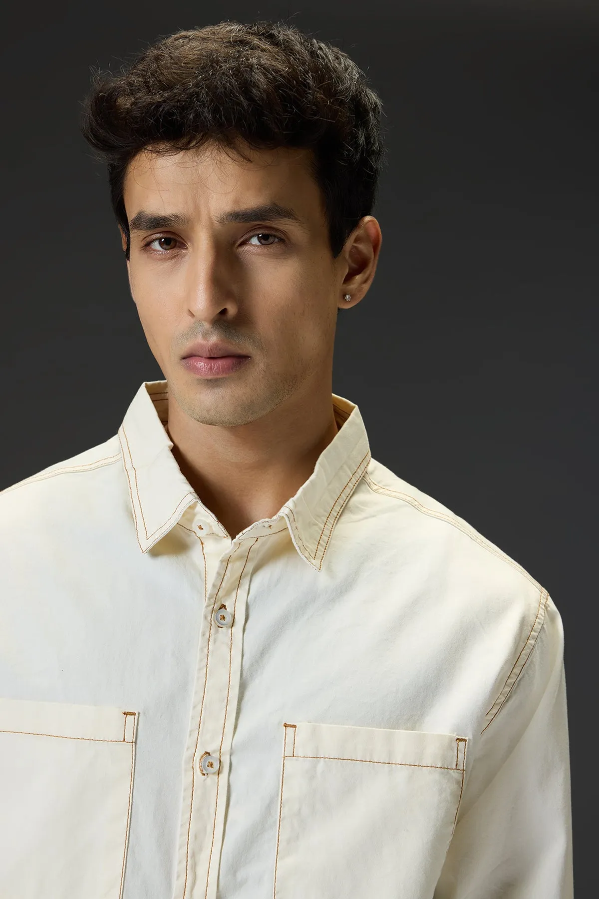 Cream Contrast Stitch Men's Full Sleeves Shirt