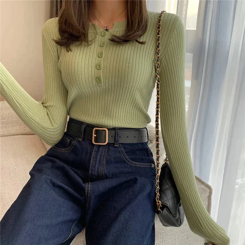 deanwangkt Knitted Women Sweater Button O-neck Pullovers Spring Autumn Basic Sweaters for Female Pullover Slim Solid Bold Stripes Tops