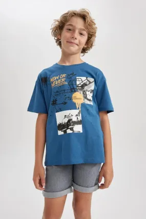 Defacto Boy's Blue Oversize Fit Crew Neck Printed Short Sleeve T-Shirt