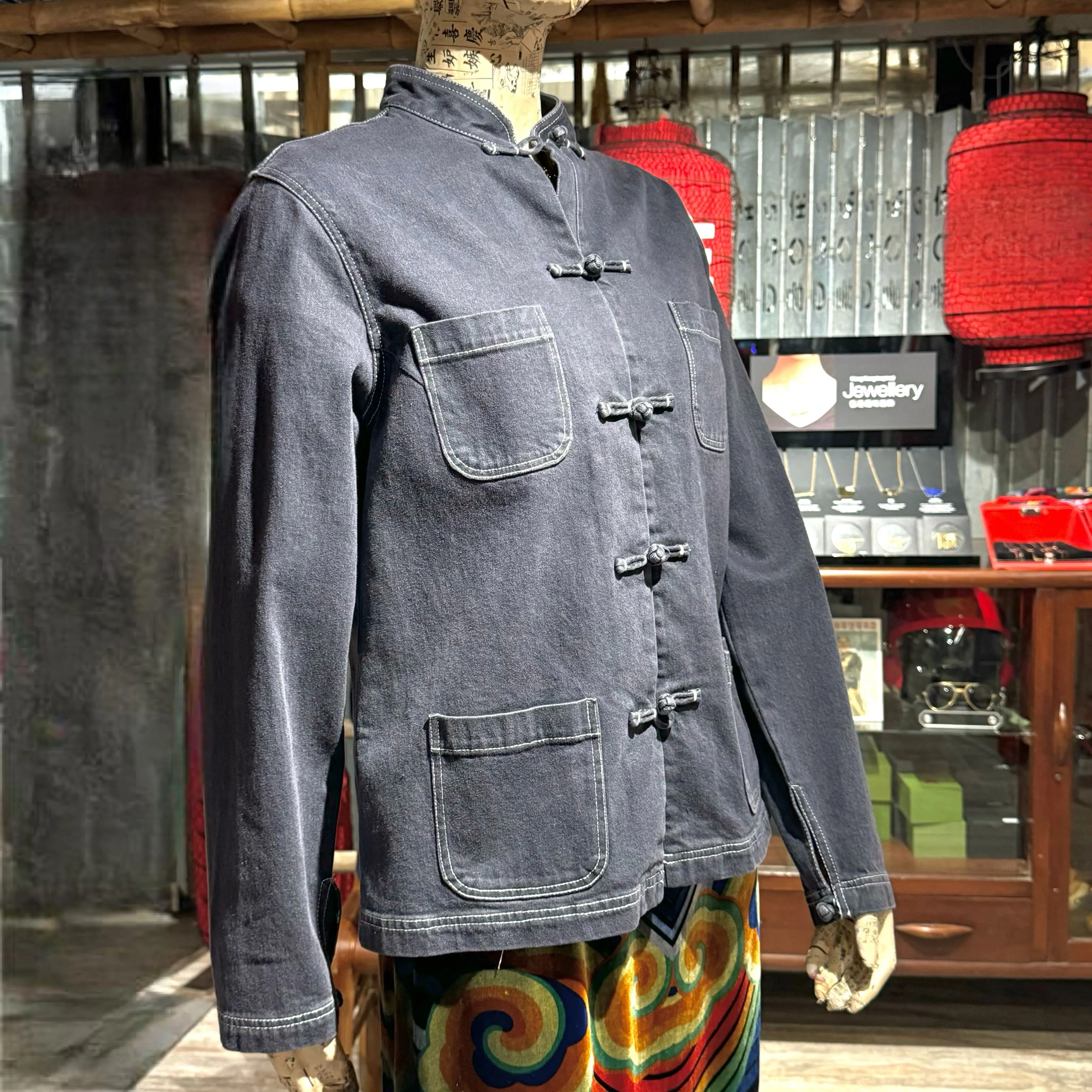 Denim Jacket Knot Button with 4 Pockets, Black