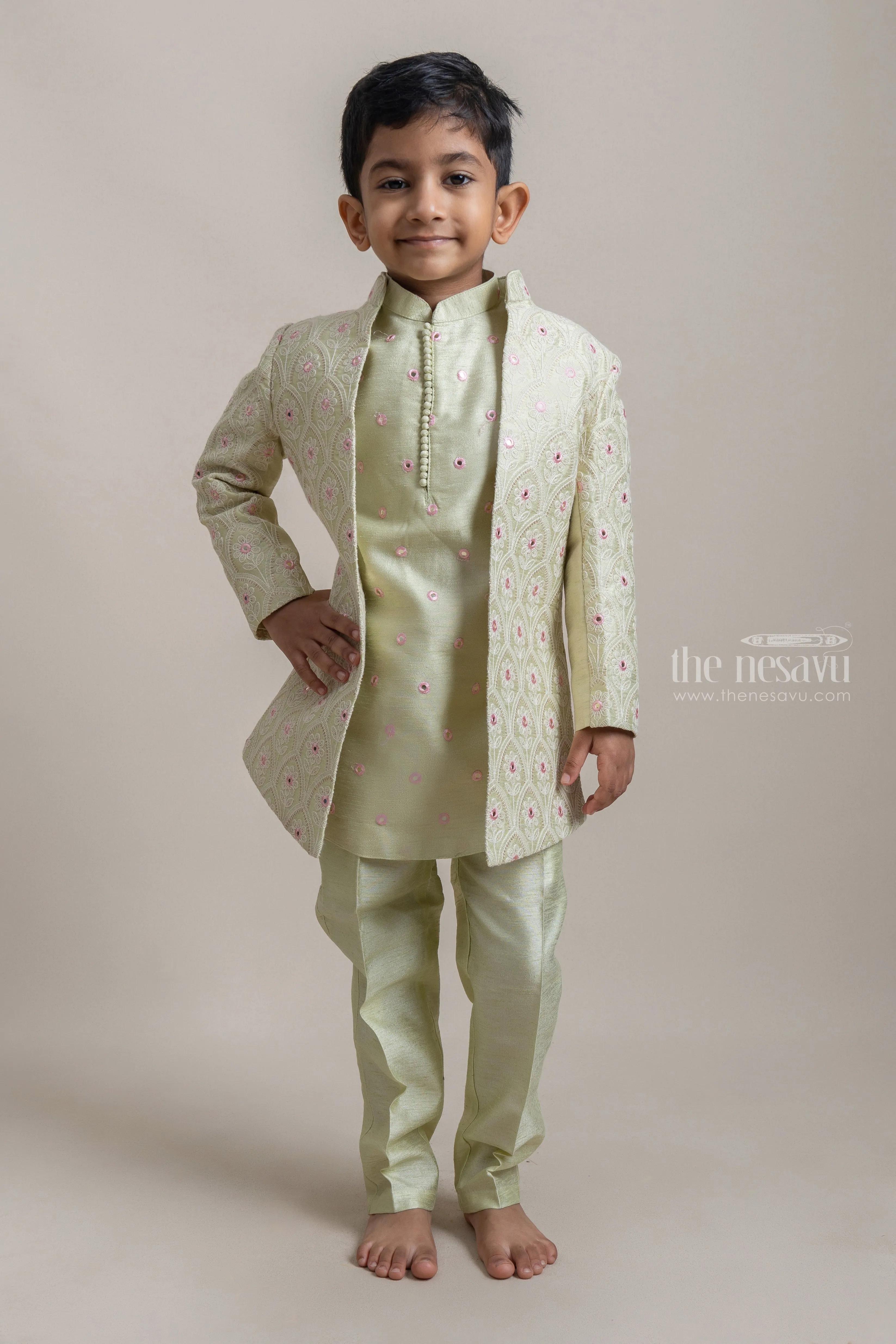 Elegant Ethnic Green Silk Kurta And Pant With Floral Embroidered Over Coat For Boys