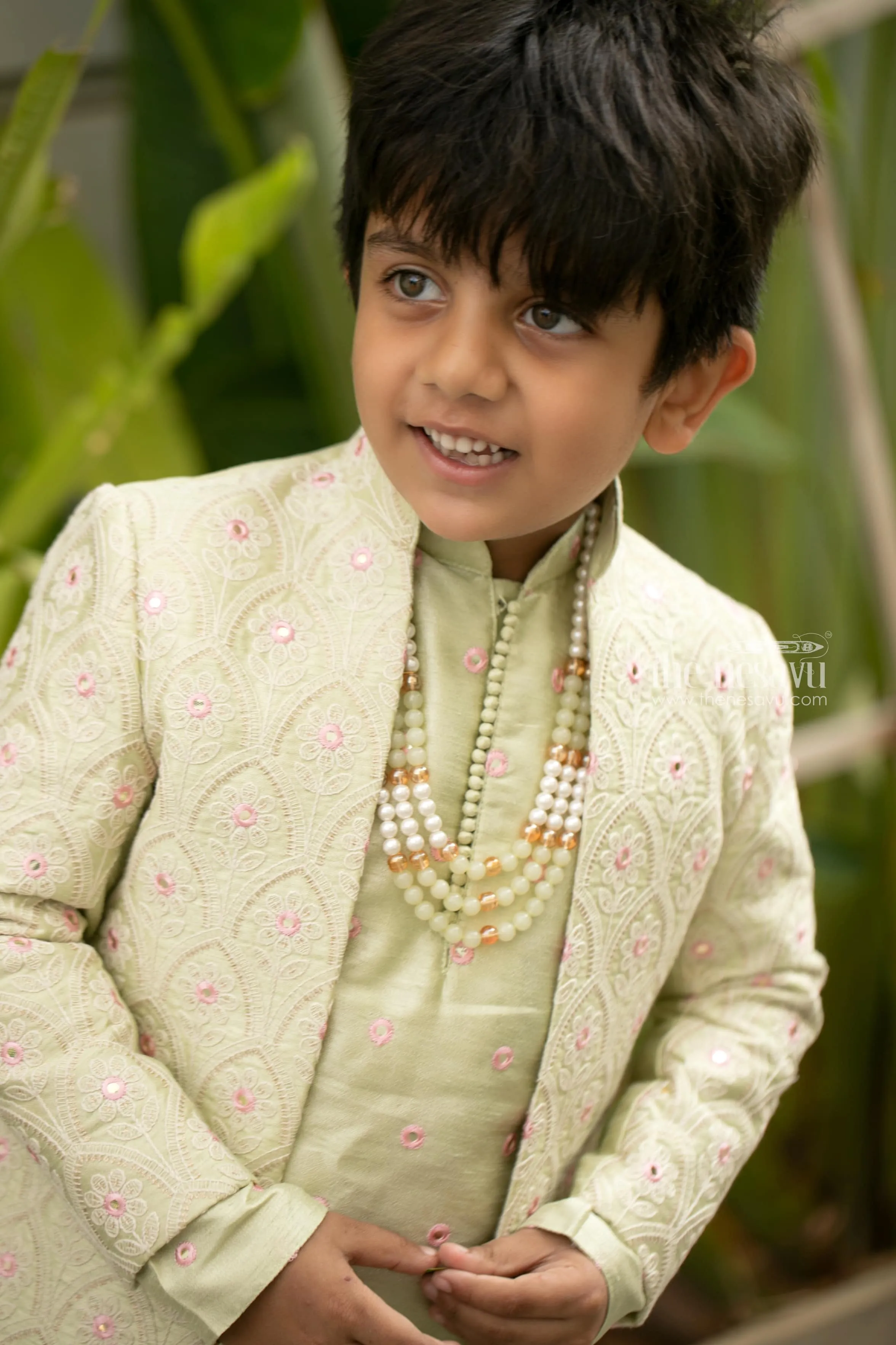 Elegant Ethnic Green Silk Kurta And Pant With Floral Embroidered Over Coat For Boys