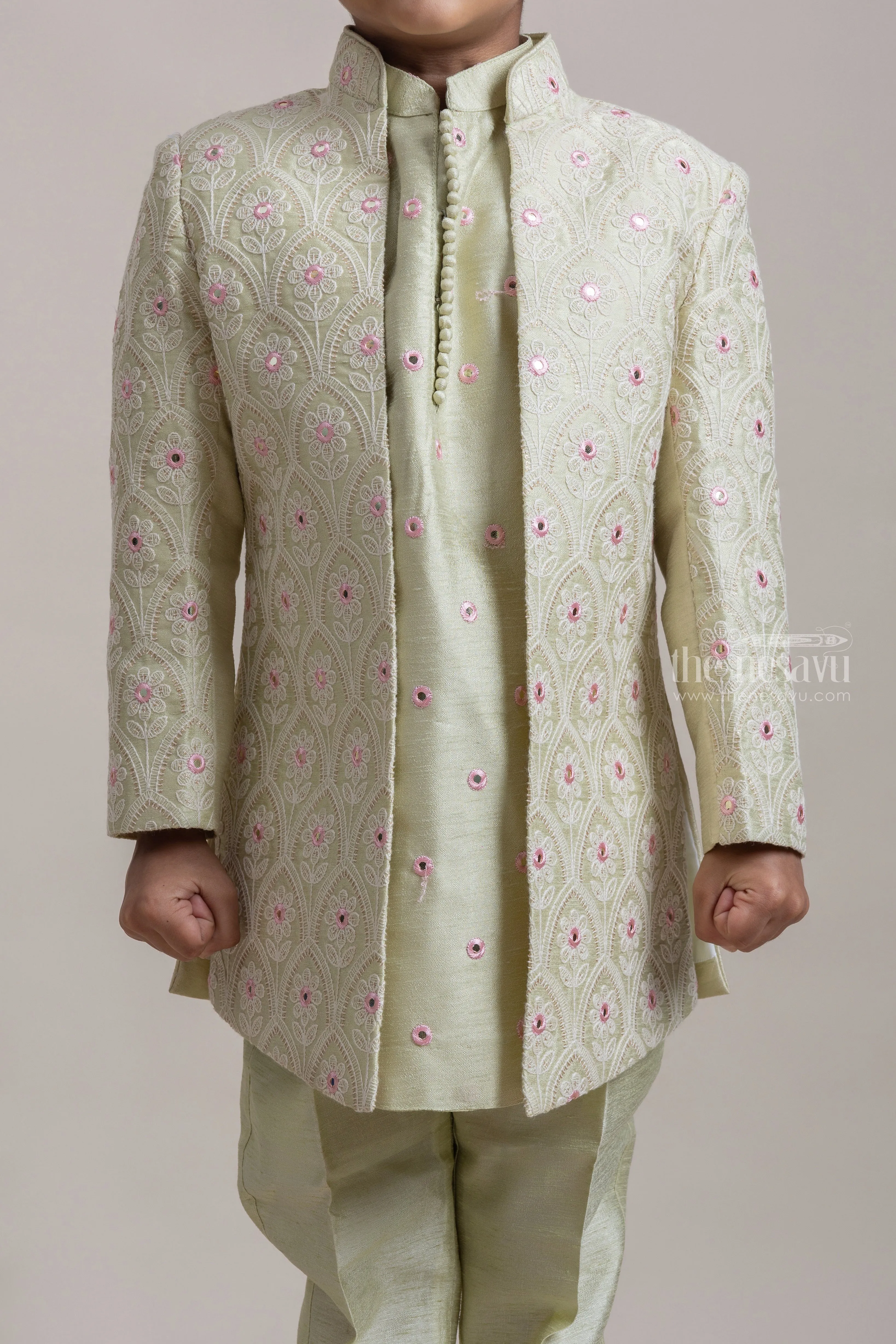 Elegant Ethnic Green Silk Kurta And Pant With Floral Embroidered Over Coat For Boys