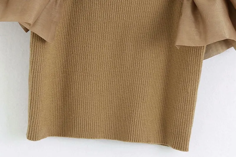 FASHION ORGANZA PATCHWORK KNITTED CROPPED BLOUSE