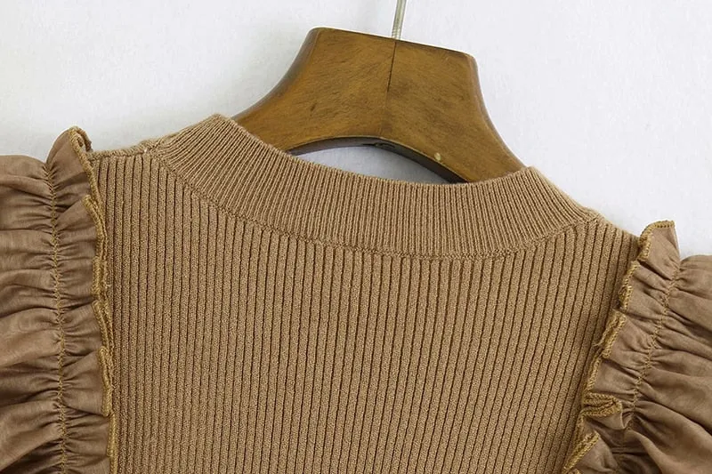 FASHION ORGANZA PATCHWORK KNITTED CROPPED BLOUSE