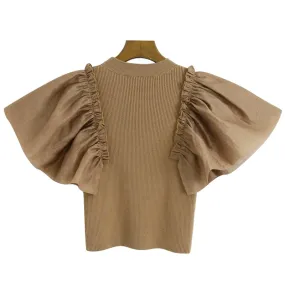 FASHION ORGANZA PATCHWORK KNITTED CROPPED BLOUSE