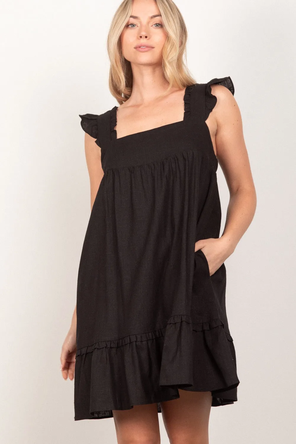 Gia Linen Backless Mini Dress-Black