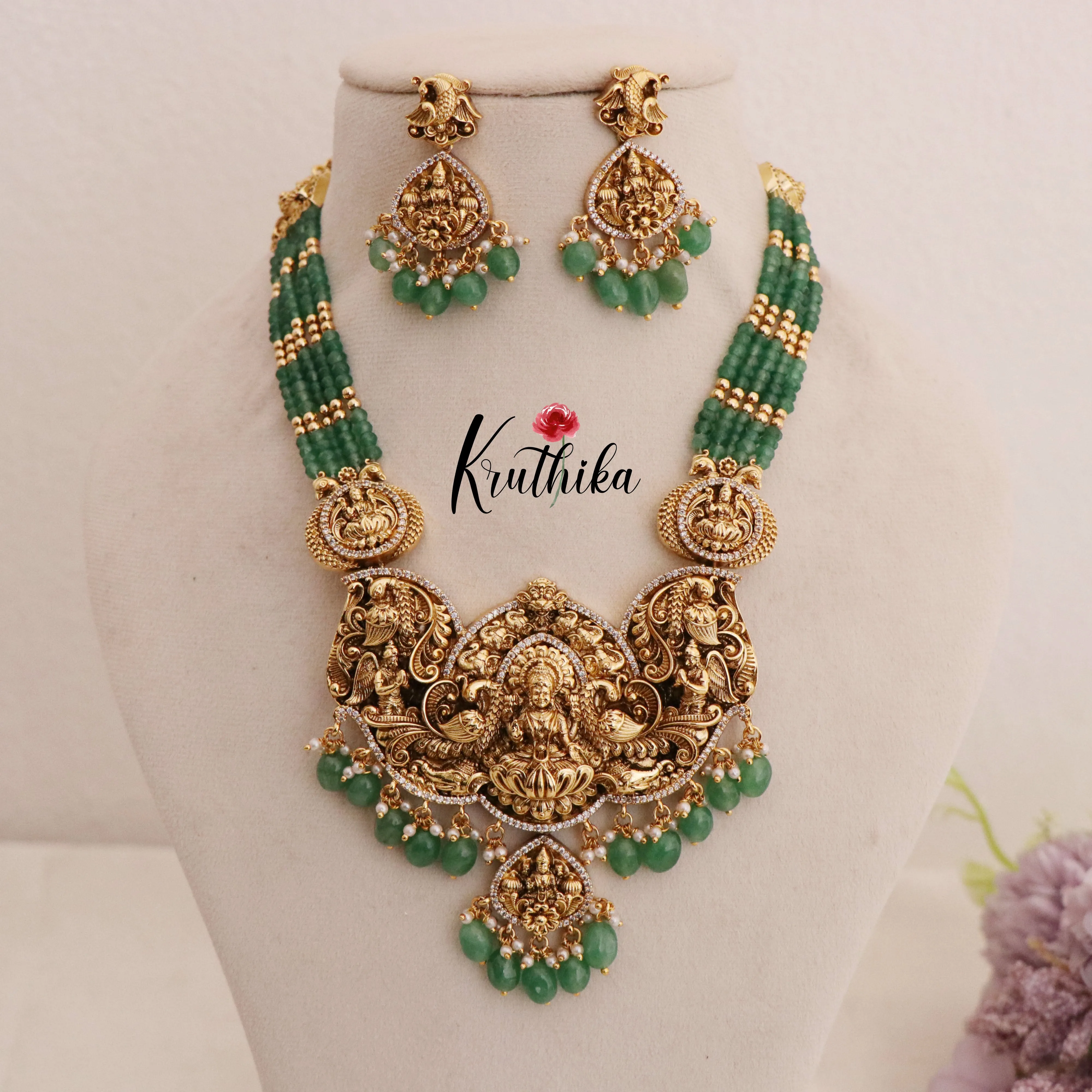 Gorgeous Green beaded temple Mid length haaram LH815