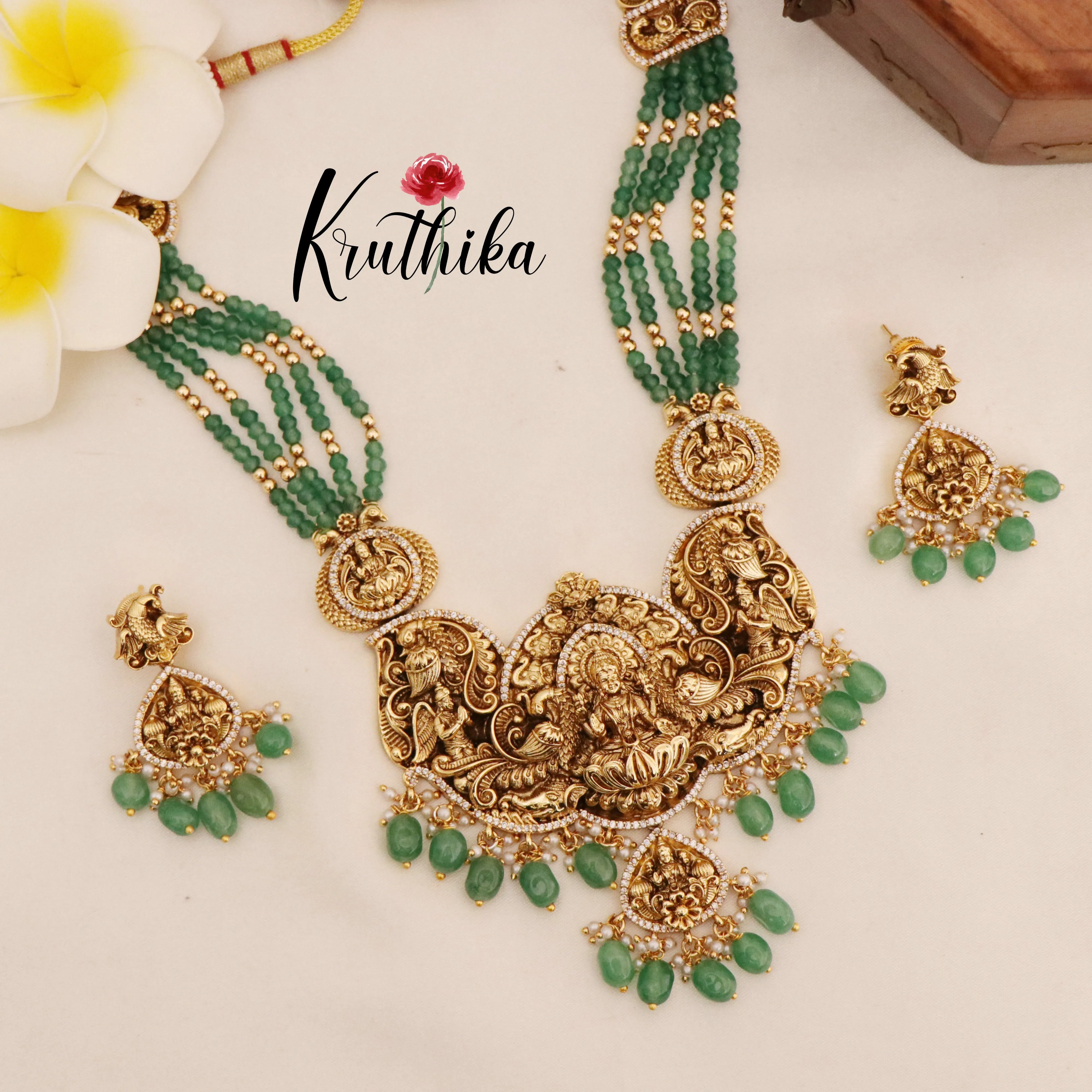 Gorgeous Green beaded temple Mid length haaram LH815