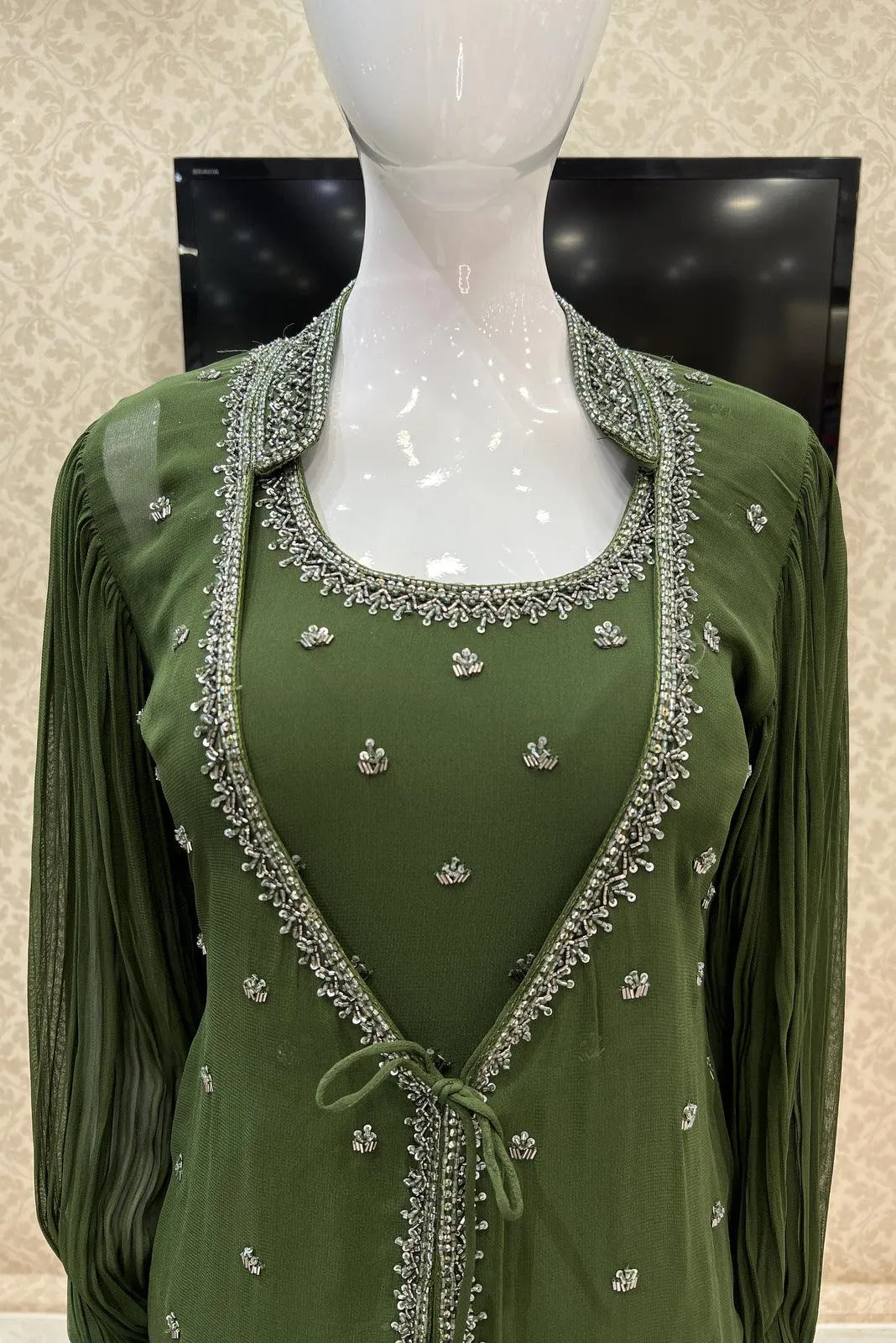 Green Beads and Sequins work Overcoat Styled Floor Length Anarkali Suit