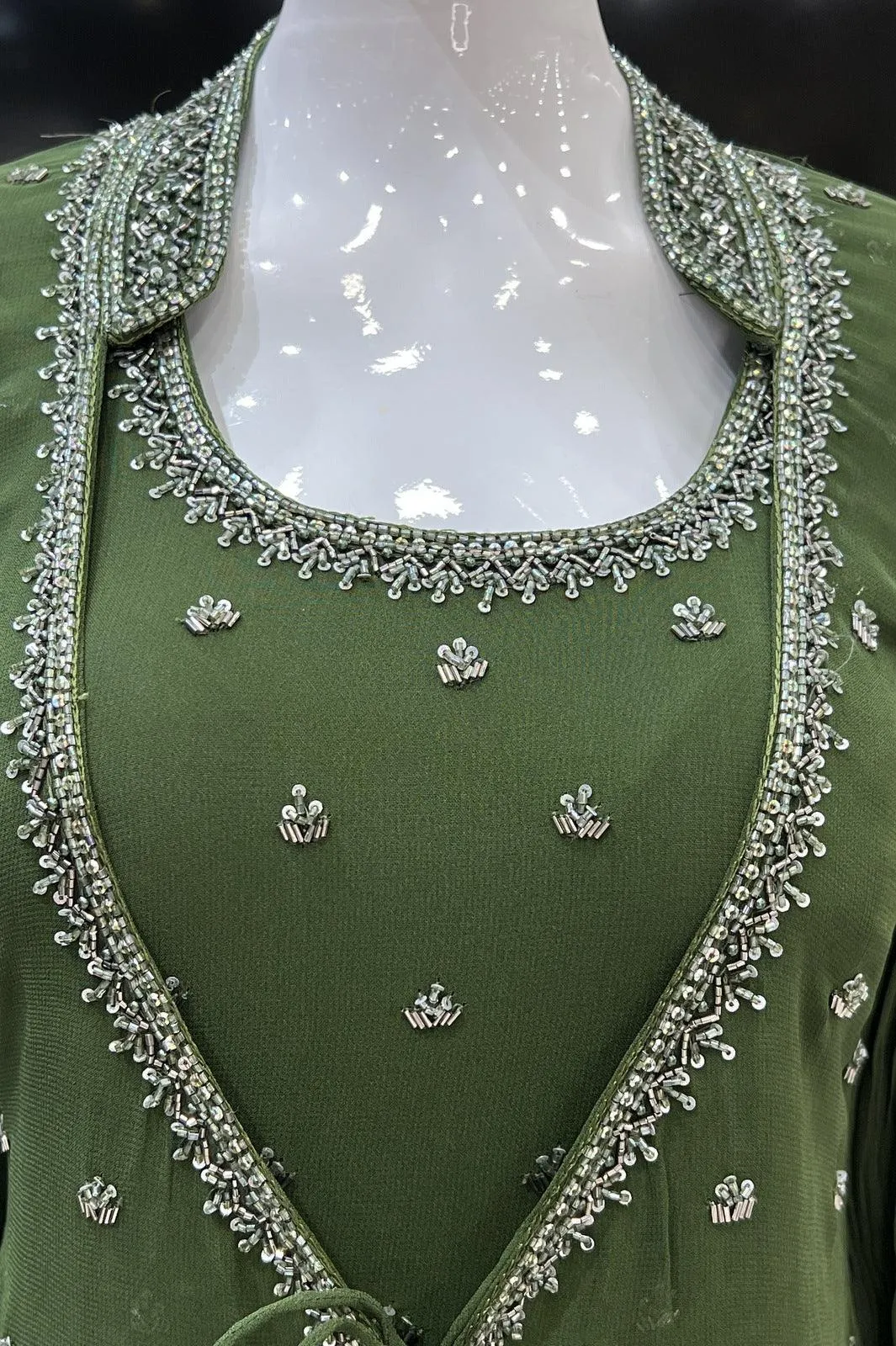 Green Beads and Sequins work Overcoat Styled Floor Length Anarkali Suit