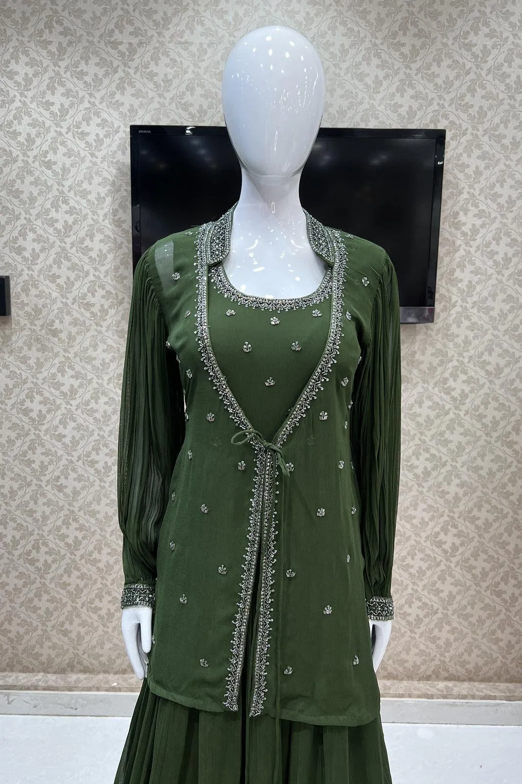 Green Beads and Sequins work Overcoat Styled Floor Length Anarkali Suit
