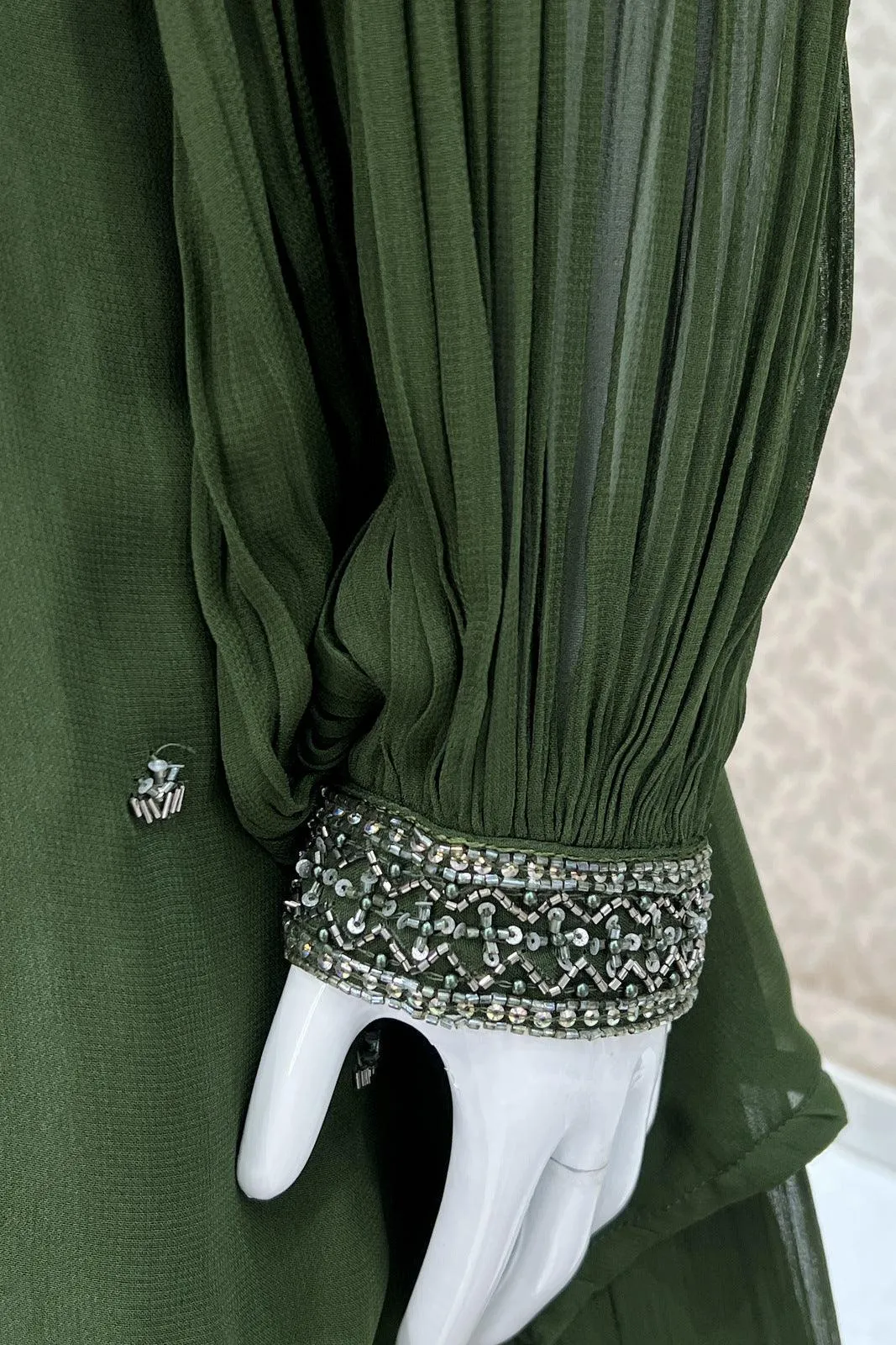 Green Beads and Sequins work Overcoat Styled Floor Length Anarkali Suit