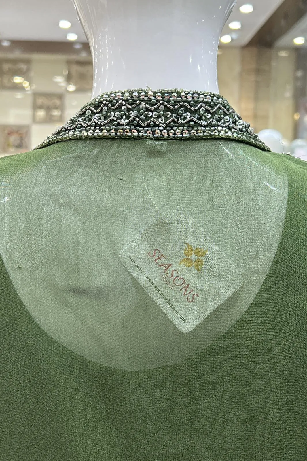 Green Beads and Sequins work Overcoat Styled Floor Length Anarkali Suit