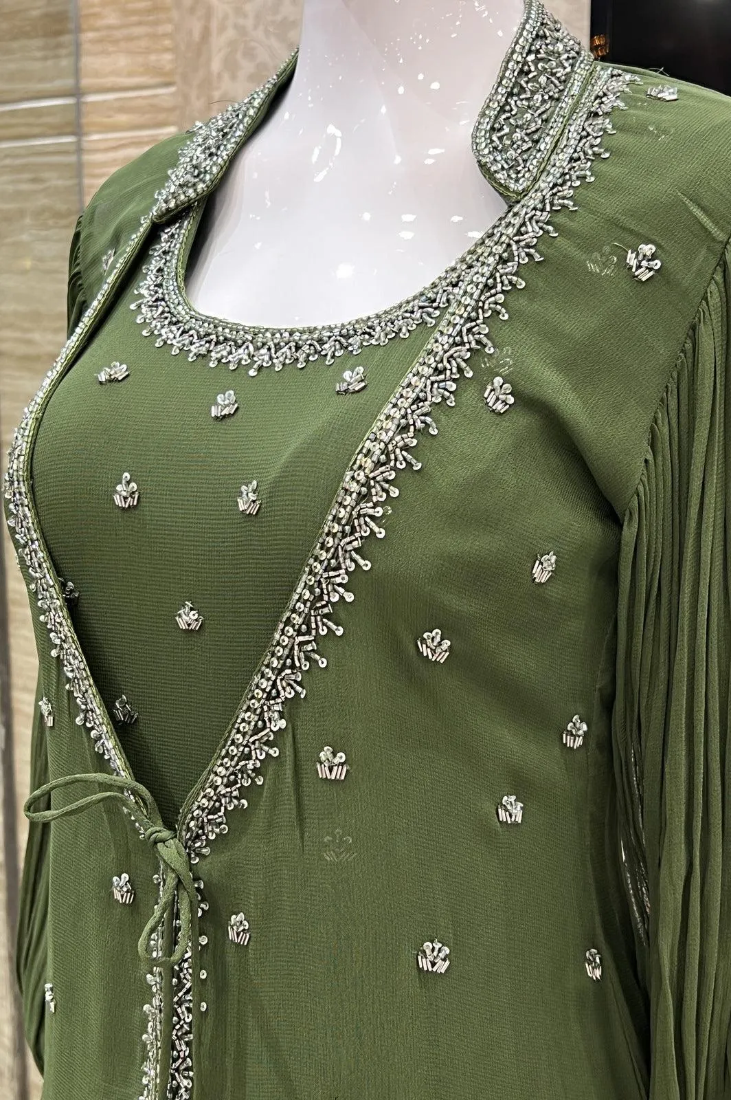 Green Beads and Sequins work Overcoat Styled Floor Length Anarkali Suit