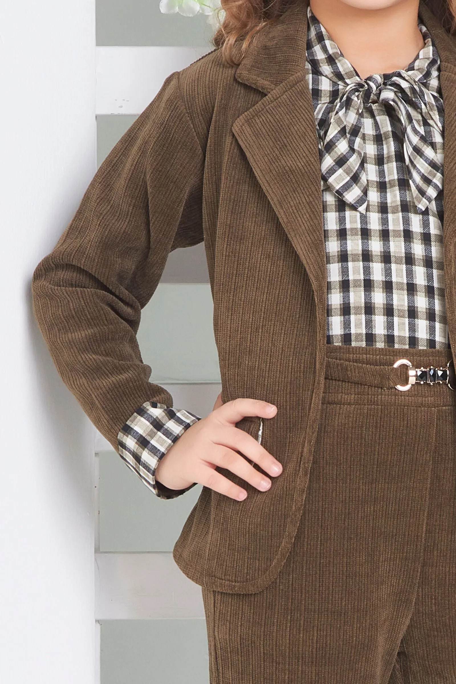 Green with Cream Checked Overcoat Styled Top and Pant Set for Girls