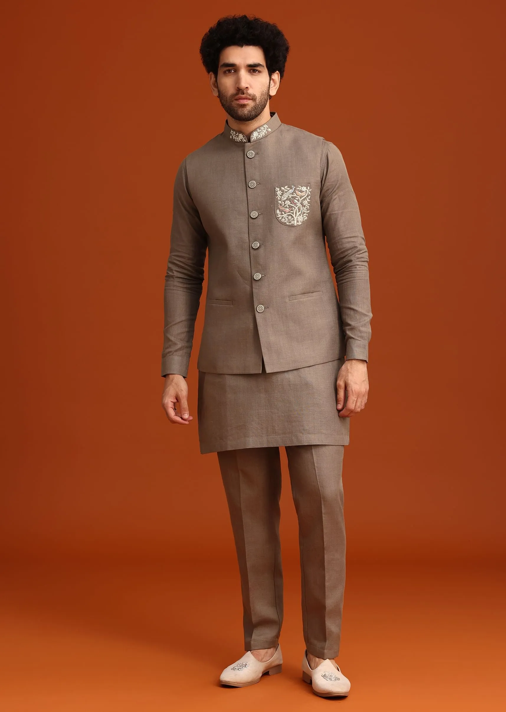 Grey Zardozi Work Linen Jacket Kurta Set