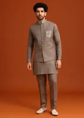 Grey Zardozi Work Linen Jacket Kurta Set