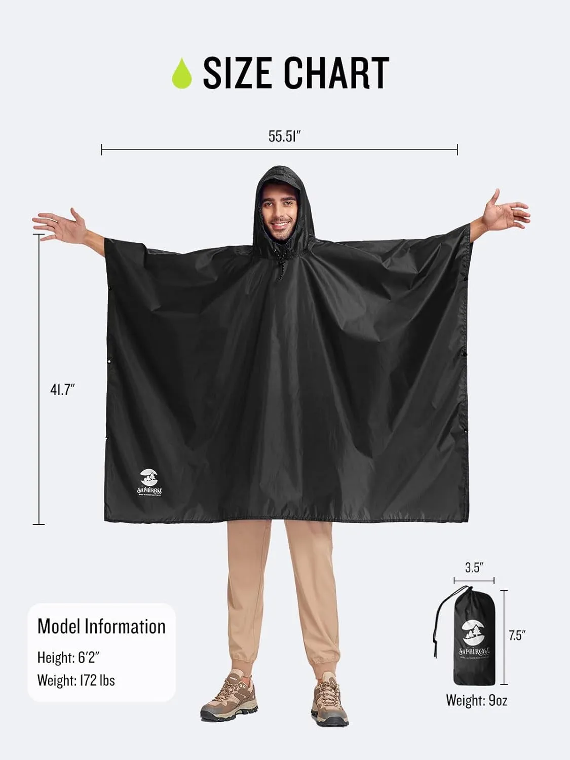 Hooded Rain Poncho Waterproof Raincoat Jacket for Men Women Adults