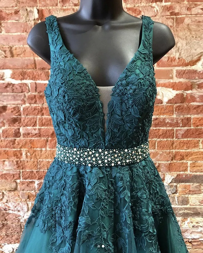 kamahe Deep Green Prom Dresses, Tulle Lace V Neck Long Prom Dress Formal Dress