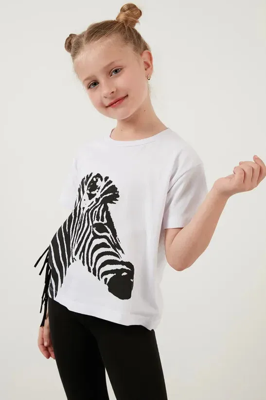 Lela Girl's White Cotton Printed Tassel Detailed Crew Neck T-Shirt