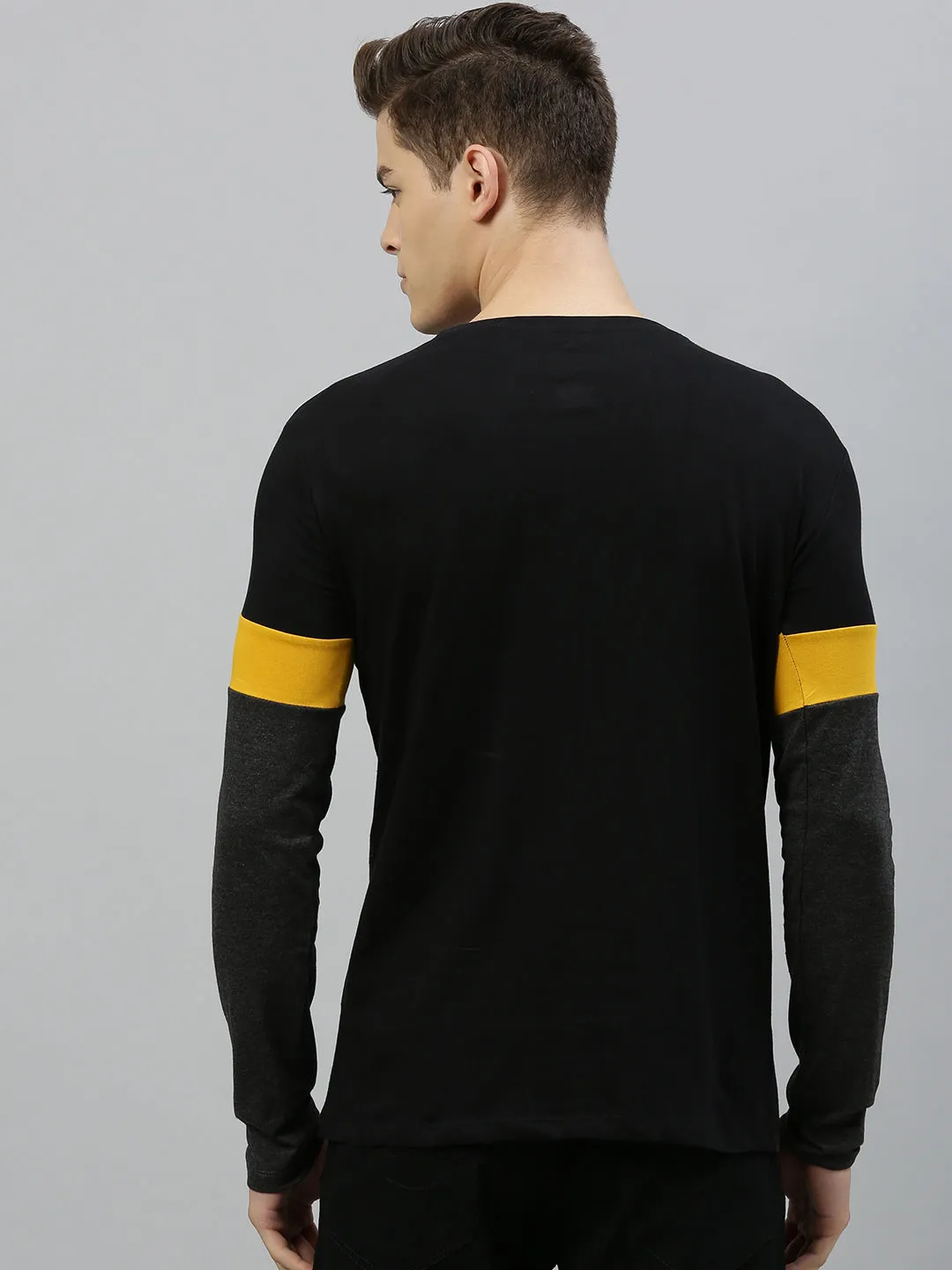 Men's Black, Yellow Full Sleeve Round Neck Cotton T-Shirt